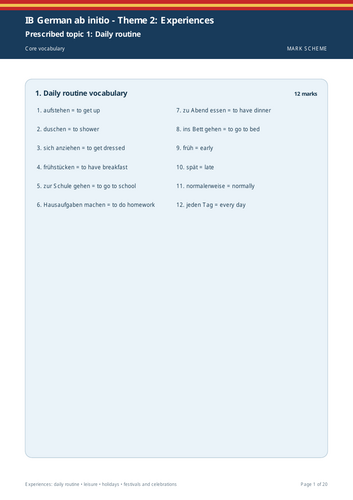 IB German ab initio | Theme 2: Experiences | 20-Page Workbook + 20-Page Marking Scheme
