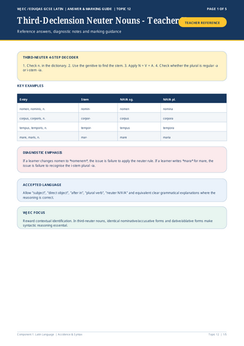 WJEC Eduqas GCSE Latin | Third-Declension Neuter Nouns | 5-Page Workbook + Answers