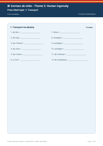 IB German ab initio | Theme 3: Human Ingenuity | 20-Page Workbook + 20-Page Marking Scheme
