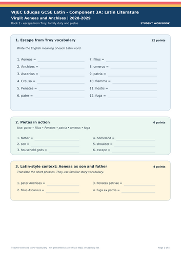 WJEC Eduqas GCSE Latin | Virgil: Aeneas and Anchises 2028–2029 | 5-Page Vocabulary Workbook + Answer