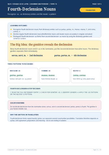 WJEC Eduqas GCSE Latin | Fourth-Declension Nouns | 5-Page Workbook + Answers