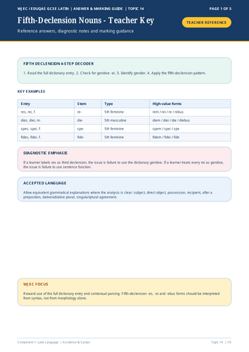 WJEC Eduqas GCSE Latin | Fifth-Declension Nouns | 5-Page Workbook + Answers