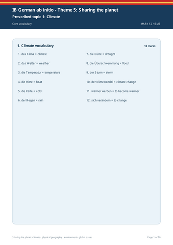 IB German ab initio | Theme 5: Sharing the Planet | 20-Page Workbook + 20-Page Marking Scheme
