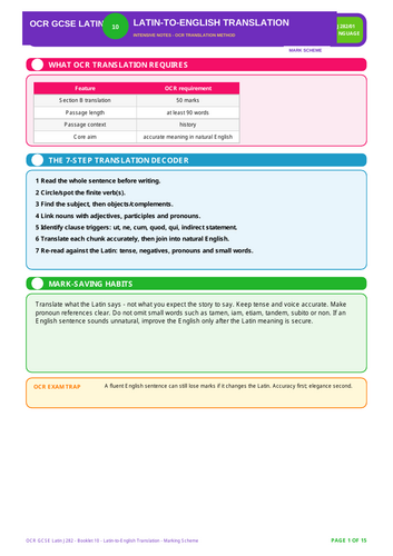 OCR GCSE Latin J282 | Latin-to-English Translation | 15-Page Workbook + 15-Page Mark Scheme