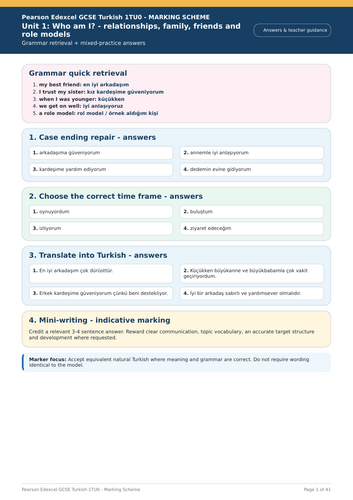 Pearson Edexcel GCSE Turkish 1TU0 | Complete Themes 1–5 | 50-Page Revision Workbook + 41-Page Markin