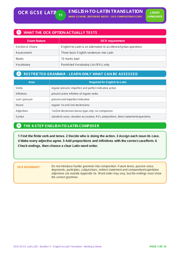 OCR GCSE Latin J282 | English-to-Latin Translation | 15-Page Workbook + 15-Page Mark Scheme