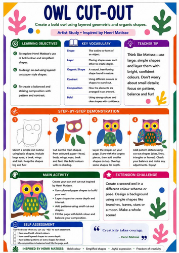 Henri Matisse Owl Cut-Out | KS3 Art Worksheet & Artist Study