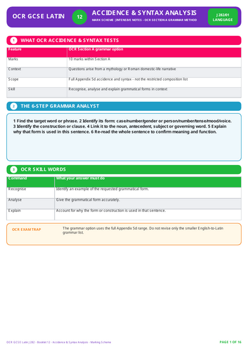 OCR GCSE Latin J282 | Accidence & Syntax Analysis | 16-Page Workbook + 16-Page Mark Scheme