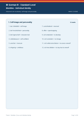 IB German B SL | Theme 1: Identities | Individual Identity | 20-Page Workbook + 20-Page Marking Sche