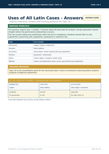 WJEC Eduqas GCSE Latin | Uses of All Latin Cases | 5-Page Workbook + Answers