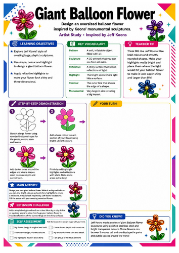 Jeff Koons Giant Balloon Flower Worksheet | KS3 Art & Pop Art