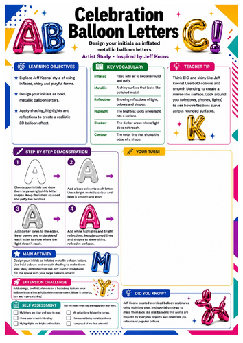 Jeff Koons Celebration Balloon Letters Worksheet | KS3 Art