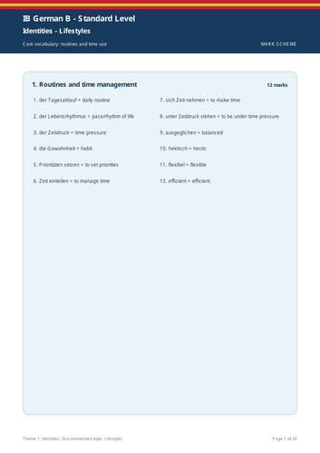 IB German B SL | Theme 1: Identities | Lifestyles | 20-Page Workbook + 20-Page Marking Scheme