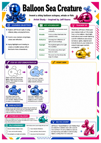 Jeff Koons Balloon Sea Creature Worksheet | KS3 Art Activity