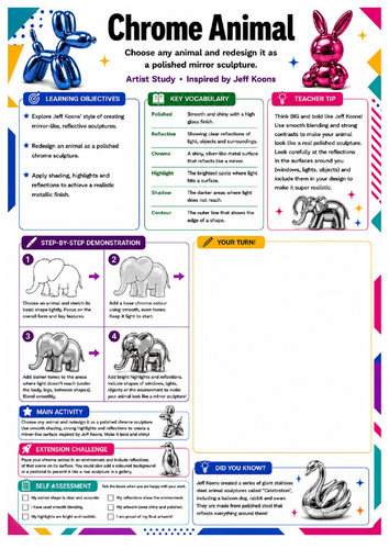 Jeff Koons Chrome Animal Worksheet | KS3 Reflective Drawing