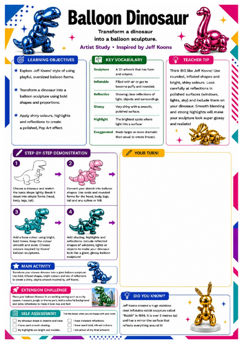 Jeff Koons Balloon Dinosaur Worksheet | KS3 Artist Study