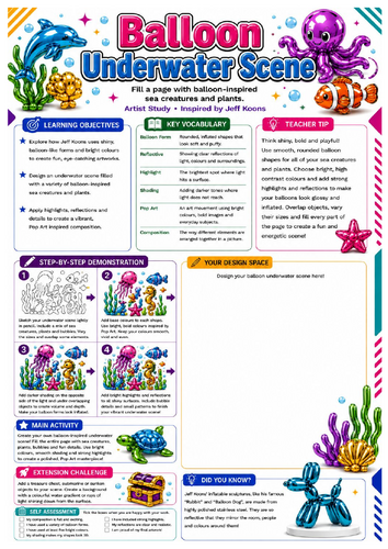 Jeff Koons Balloon Underwater Scene Worksheet | KS3 Art