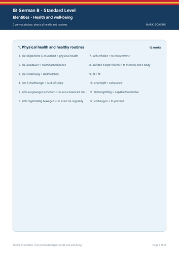IB German B SL | Theme 1: Identities | Health and Well-being | 20-Page Workbook + 20-Page Marking Sc