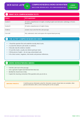OCR GCSE Latin J282 | Comprehension & Word Derivation | 32-Page Workbook + Mark Scheme