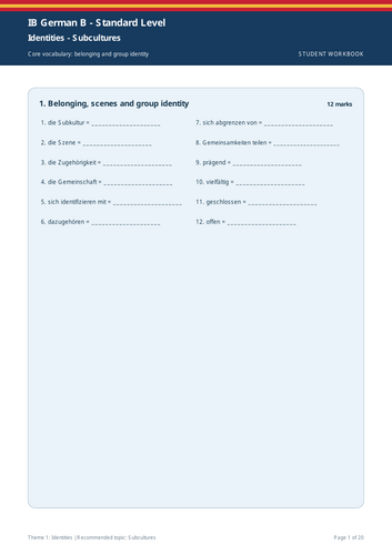 IB German B SL | Theme 1: Identities | Subcultures | 20-Page Workbook + 20-Page Marking Scheme