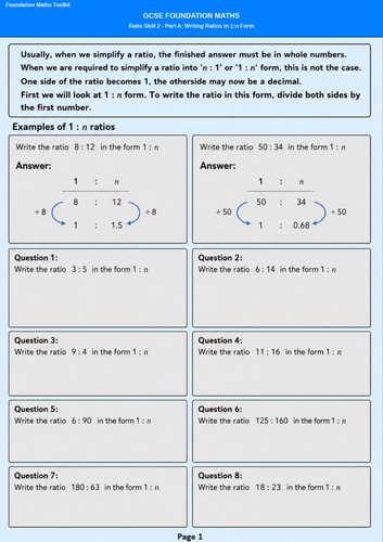 Foundation GCSE Maths - Securing Grade 4 - Ratio Skill 2 - Simplifying ratios into n : 1 form