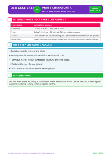 OCR GCSE Latin J282/02 | Gellius & Pliny 2027–2028 | 22-Page Workbook + 22-Page Mark Scheme