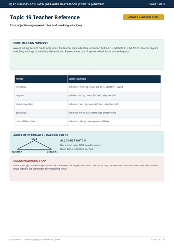 WJEC Eduqas GCSE Latin | Adjective Agreement | 5-Page Workbook + Answers