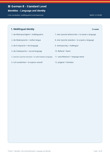 IB German B SL | Theme 1: Identities | Language and Identity | 20-Page Workbook + 20-Page Marking Sc