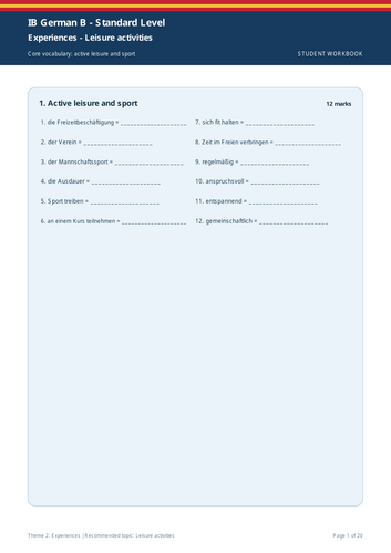 IB German B SL | Theme 2: Experiences | Leisure Activities | 20-Page Workbook + 20-Page Marking Sche