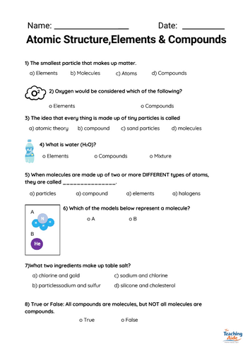 Atomic Structure, Elements & Compounds | Chemistry Worksheet