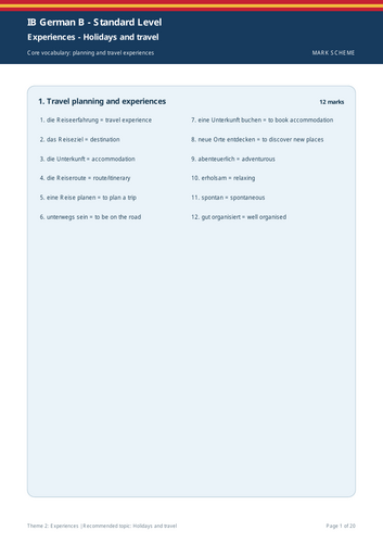 IB German B SL | Theme 2: Experiences | Holidays and Travel | 20-Page Workbook + 20-Page Marking Sch