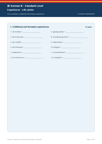 IB German B SL | Theme 2: Experiences | Life Stories | 20-Page Workbook + 20-Page Marking Scheme
