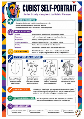 Pablo Picasso Cubist Self-Portrait Worksheet | KS3 Art & Cubism