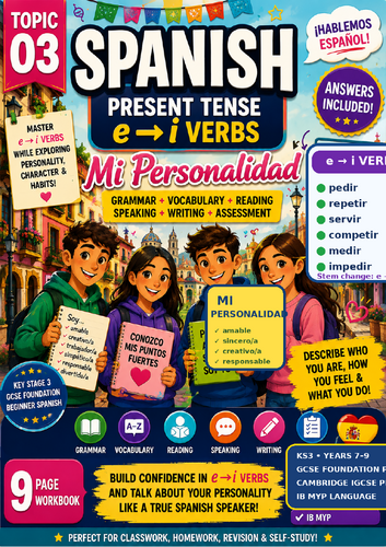 Spanish Present Tense e→i Verbs + Mi Personalidad | KS3 GCSE MYP IB Workbook + Answers