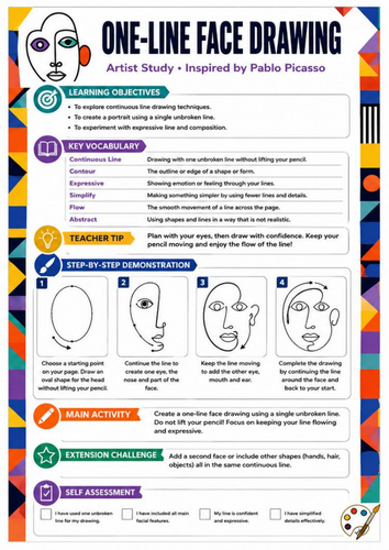 Pablo Picasso One-Line Face Drawing Worksheet | KS3 Art