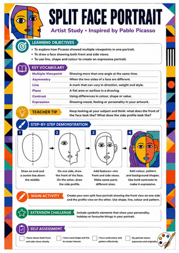 Pablo Picasso Split Face Portrait Worksheet | Cubism Art Activity