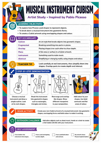 Pablo Picasso Musical Instrument Cubism Worksheet | KS3 Art