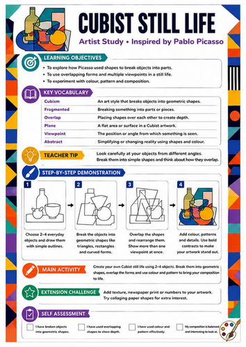 Pablo Picasso Cubist Still Life Worksheet | KS3 Art Activity