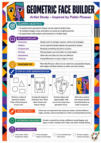 Pablo Picasso Geometric Face Builder Worksheet | KS3 Cubism