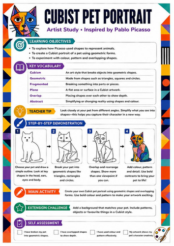 Pablo Picasso Cubist Pet Portrait Worksheet | KS3 Art