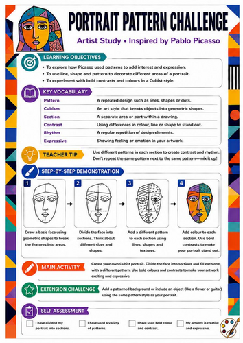 Pablo Picasso Portrait Pattern Challenge Worksheet | KS3 Art