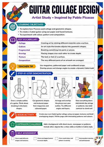 Pablo Picasso Guitar Collage Design Worksheet | KS3 Cubism