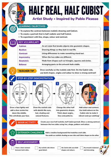 Pablo Picasso Half Real Half Cubist Portrait Worksheet | KS3 Art