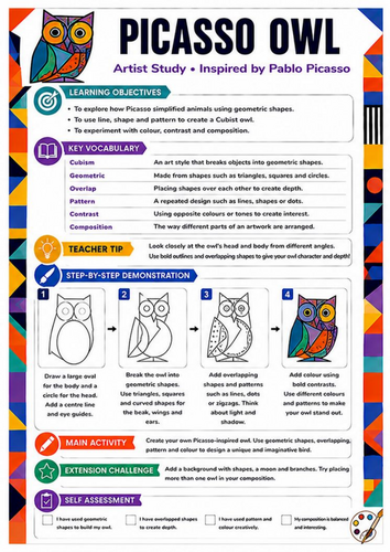 Pablo Picasso Owl Worksheet | Cubist Animal Art Activity