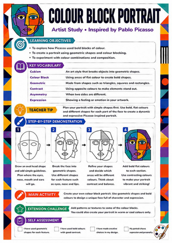 Pablo Picasso Colour Block Portrait Worksheet | KS3 Art