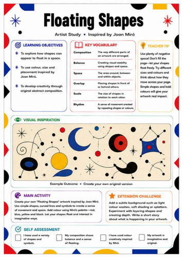 Joan Miró Floating Shapes Worksheet | Abstract Composition Activity | KS3 Art
