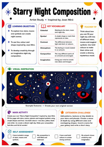 Joan Miró Starry Night Worksheet | Abstract Night Sky Art Activity | KS3