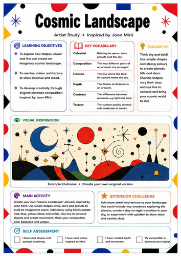 Joan Miró Cosmic Landscape Worksheet | Surreal Space Art Activity | KS3
