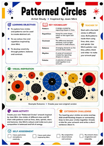 Joan Miró Patterned Circles Worksheet | Colour & Pattern Art Activity | KS3