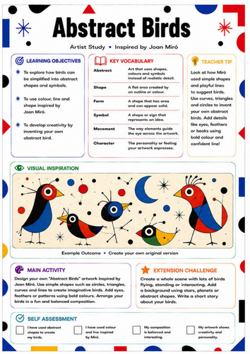 Joan Miró Abstract Birds Worksheet | Shape & Colour Drawing Activity | KS3 Art